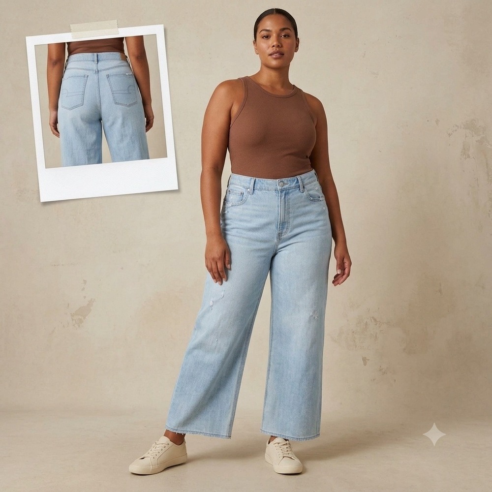 American Eagle Stovepipe Jeans Women 14 Short Light Wash Curvy High Rise Wide